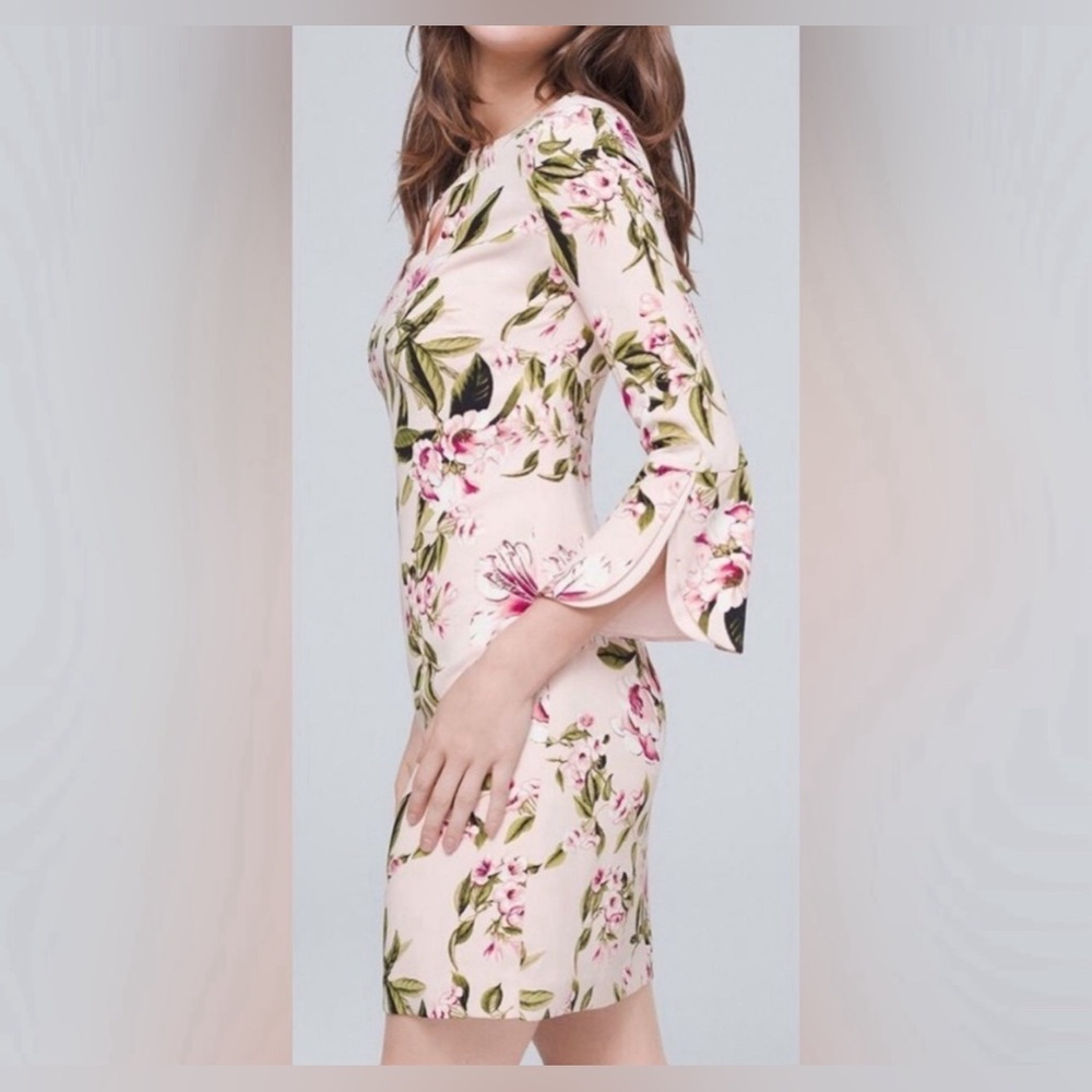 White House Black Market Blush pink with flowered sheath dress 12 NWOT